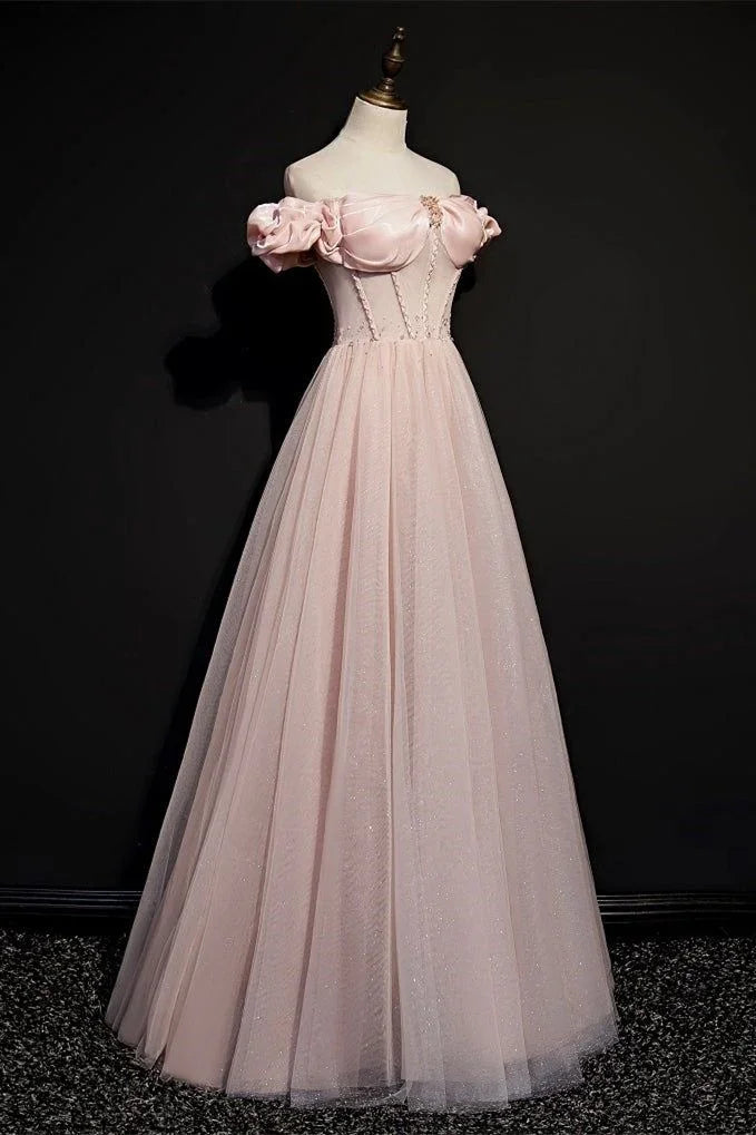 Vestido de Baile de Princesa Rosa em Tule com Contas, Decote Ombro a Ombro, Vestido de Noite Y7584