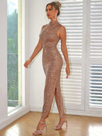Vestido de Noite Sem Mangas com Brilhos para Mulher – Vestido de Festa Brilhante e Sensual