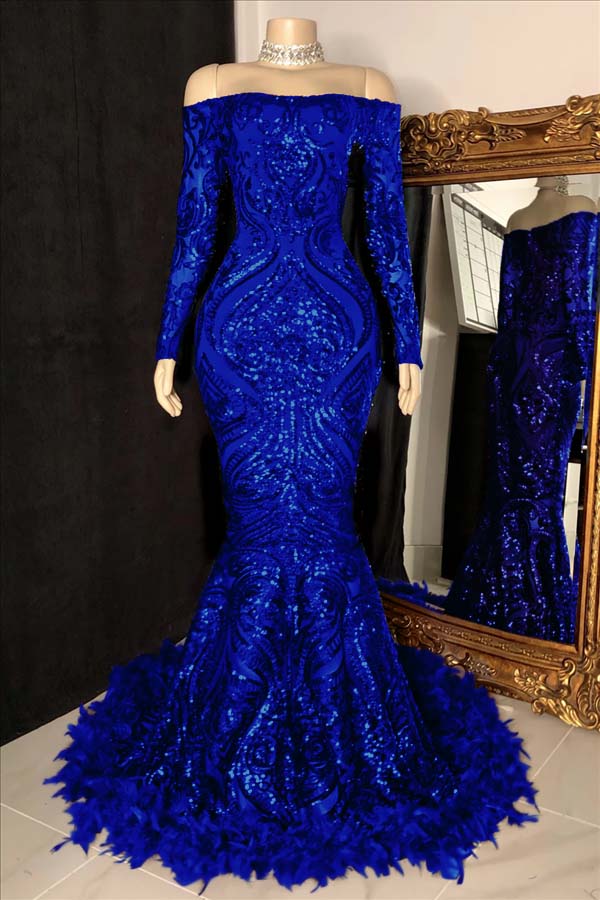 Custom Made Burgundy Sequin Mermaid Prom Dress With Long Sleeves And Feathers