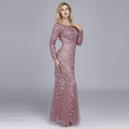 Primavera multi-cor manga longa em torno do pescoço fishtail banquete vestido de noite para mulher