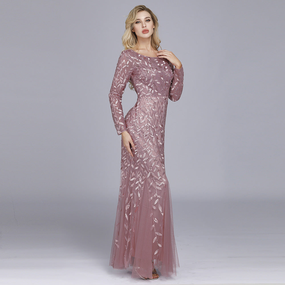Primavera multi-cor manga longa em torno do pescoço fishtail banquete vestido de noite para mulher