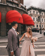 Classy A Line V Neck Tulle Lace Boho Wedding Dress With Slit Appliques