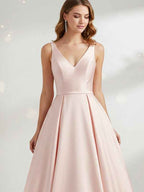 Pink Satin Prom Dress V Neck Floor Length Sheath Gown