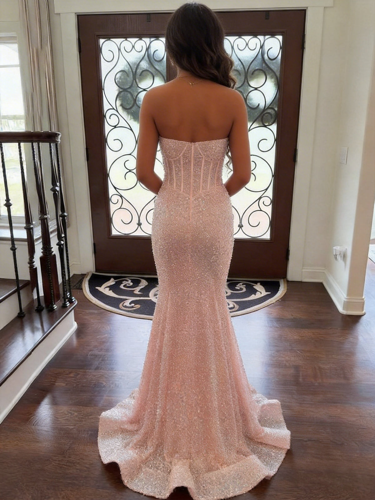 Glitter Pink Mermaid Strapless Sweetheart Long Prom Dress With Train