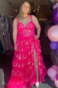 Fuchsia Princess Off the Shoulder Long Tiered Corset Prom Dress with Sequins