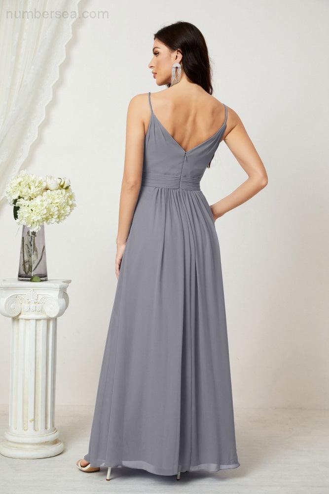 Chiffon V-Neck Bridesmaid Dress Spaghetti Strap Long Formal Party Prom Gowns with Slit 28010
