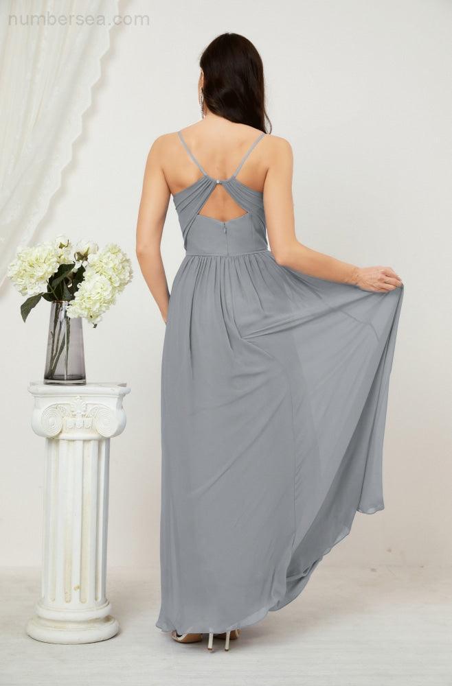 Neck Bridesmaid Dresses Chiffon Long Spaghetti A-line Formal Prom Gown for Wedding Party Evening 2801