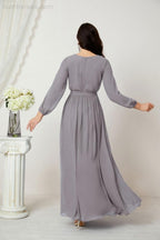 Evening Dresses Deep V-Neck Chiffon Bridesmaid Dresses Long Bishop Sleeve Side Split Formal Dress 2806