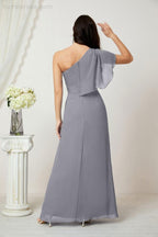 Chiffon Ruffled One Shoulder Long Bridesmaid Dresses A-line Formal Evening Gown Side Split 2809