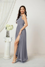 Chiffon V-Neck Bridesmaid Dress Spaghetti Strap Long Formal Party Prom Gowns with Slit 28010