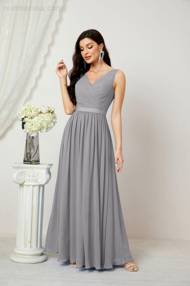 Abiti lunghi da damigella in chiffon da donna, linea a, senza maniche, abito formale da ballo per serata, abiti per festa di ritorno a casa 2808