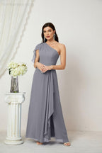 Chiffon Ruffled One Shoulder Long Bridesmaid Dresses A-line Formal Evening Gown Side Split 2809