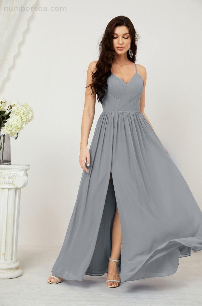 Neck Bridesmaid Dresses Chiffon Long Spaghetti A-line Formal Prom Gown for Wedding Party Evening 2801