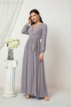 Evening Dresses Deep V-Neck Chiffon Bridesmaid Dresses Long Bishop Sleeve Side Split Formal Dress 2806