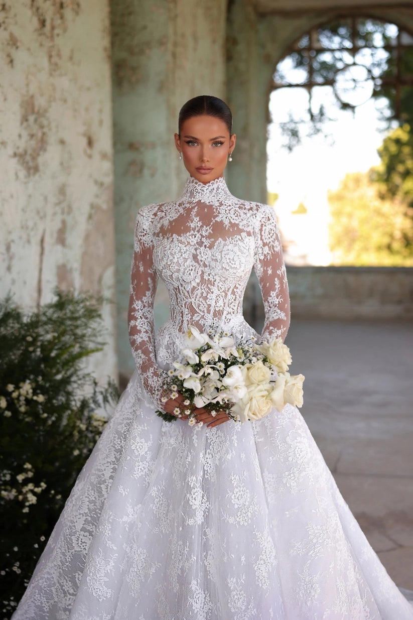 Designer A Line Lace Wedding Dress With Sleeves Satin Train For Church Or Garden