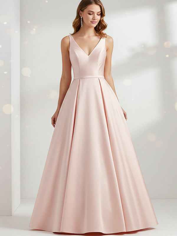Pink Satin Prom Dress V Neck Floor Length Sheath Gown