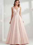 Pink Satin Prom Dress V Neck Floor Length Sheath Gown