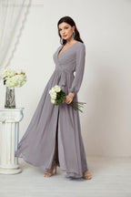Evening Dresses Deep V-Neck Chiffon Bridesmaid Dresses Long Bishop Sleeve Side Split Formal Dress 2806