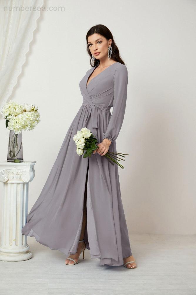 Evening Dresses Deep V-Neck Chiffon Bridesmaid Dresses Long Bishop Sleeve Side Split Formal Dress 2806