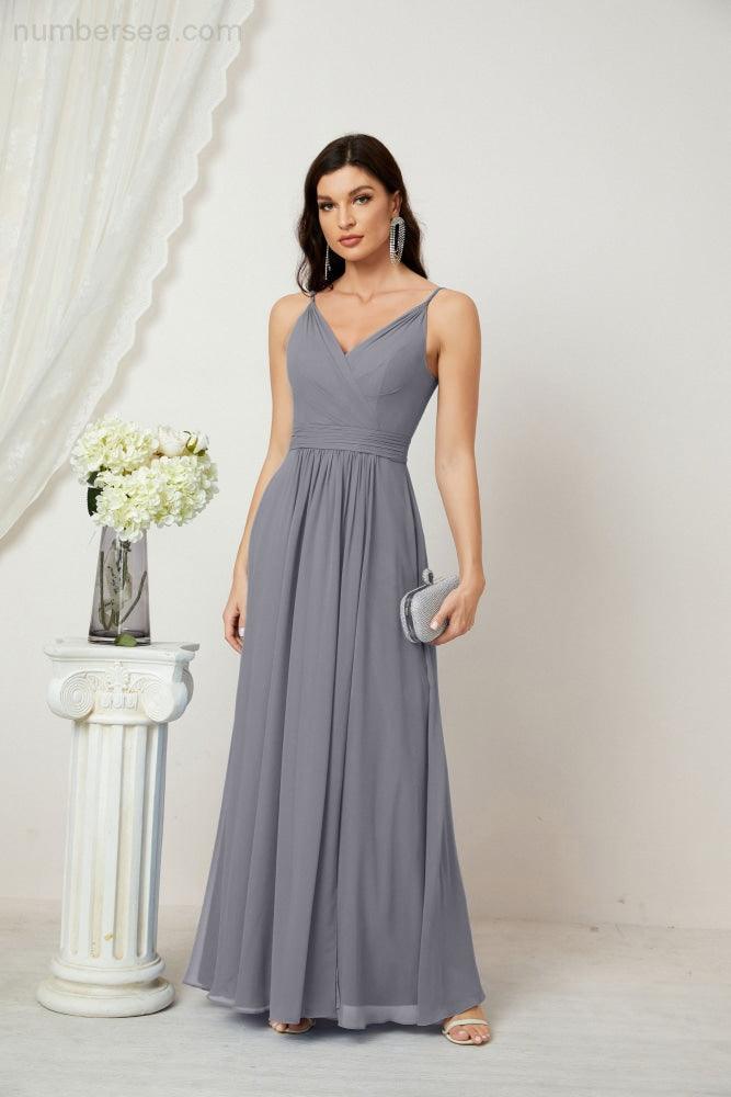 Chiffon V-Neck Bridesmaid Dress Spaghetti Strap Long Formal Party Prom Gowns with Slit 28010