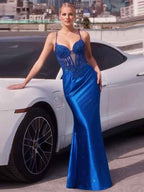 Sage Mermaid Satin Long Prom Dress With Spaghetti Straps And Appliques