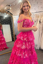 Fuchsia Princess Off the Shoulder Long Tiered Corset Prom Dress with Sequins