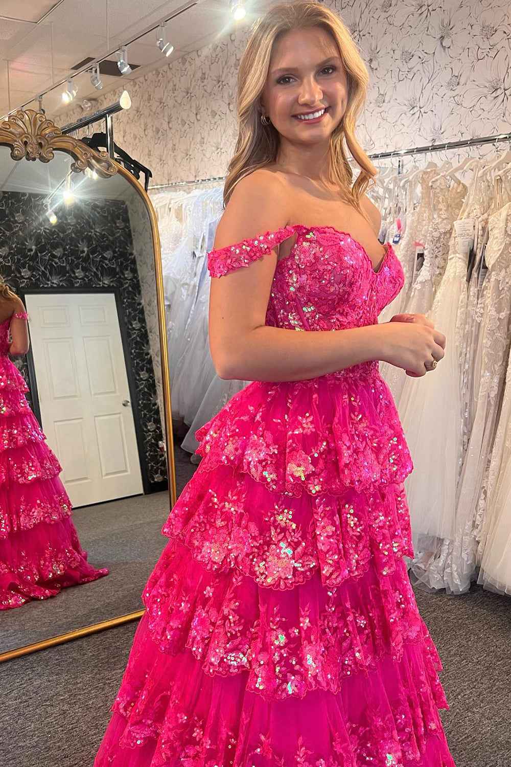 Fuchsia Princess Off the Shoulder Long Tiered Corset Prom Dress with Sequins