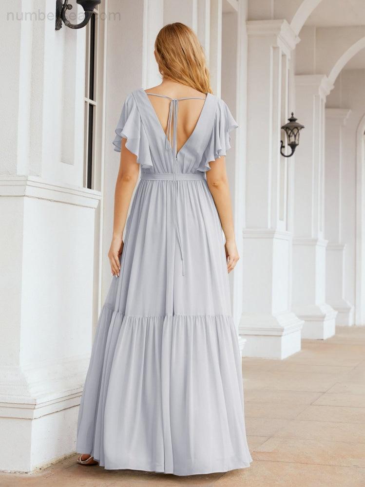 Abiti da sera formali da donna Numbersea con schiena scoperta, scollo a V, lunghi in chiffon, abiti da damigella con cintura in vita 28038