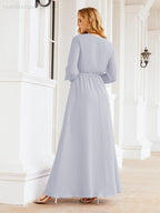 Vestito da damigella d'onore in chiffon da donna Numbersea, linea a trapezio, maniche lunghe, abito lungo formale da sera per ospite di matrimonio 28032
