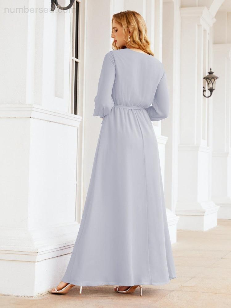 Vestito da damigella d'onore in chiffon da donna Numbersea, linea a trapezio, maniche lunghe, abito lungo formale da sera per ospite di matrimonio 28032