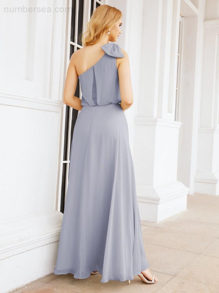 Chiffon Ruffled One Shoulder Sleeveless Long Bride Dresses A-line Formal Evening Gown Side Split 28057