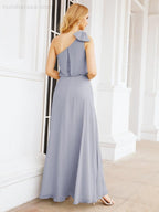 Chiffon Ruffled One Shoulder Sleeveless Long Bride Dresses A-line Formal Evening Gown Side Split 28057