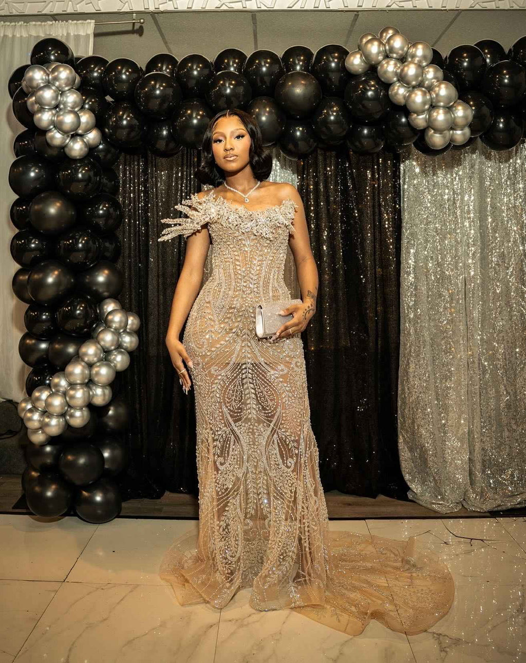 Gilded Dreams Off Shoulder Champagne Mermaid Gown With Crystal Beadwork