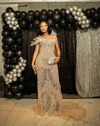 Gilded Dreams Off Shoulder Champagne Mermaid Gown With Crystal Beadwork