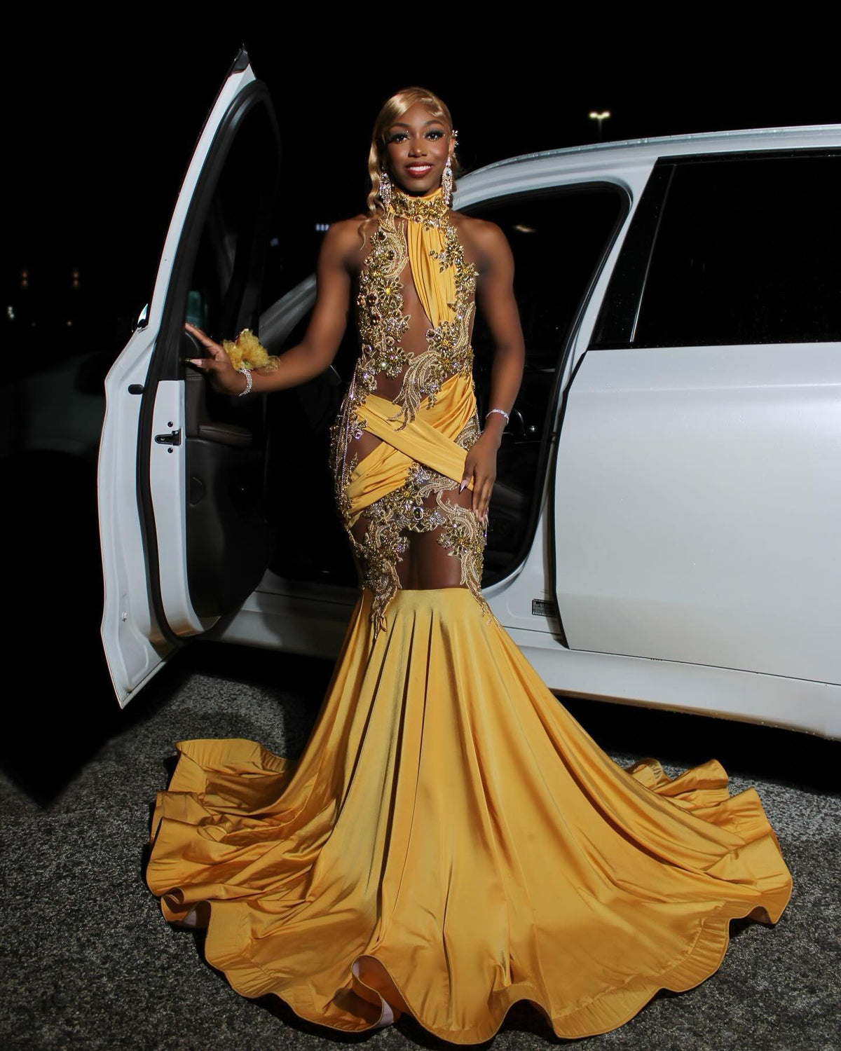 Regal Golden Yellow Mermaid Prom Dress With 3D Embroidery And Illusion Cutouts
