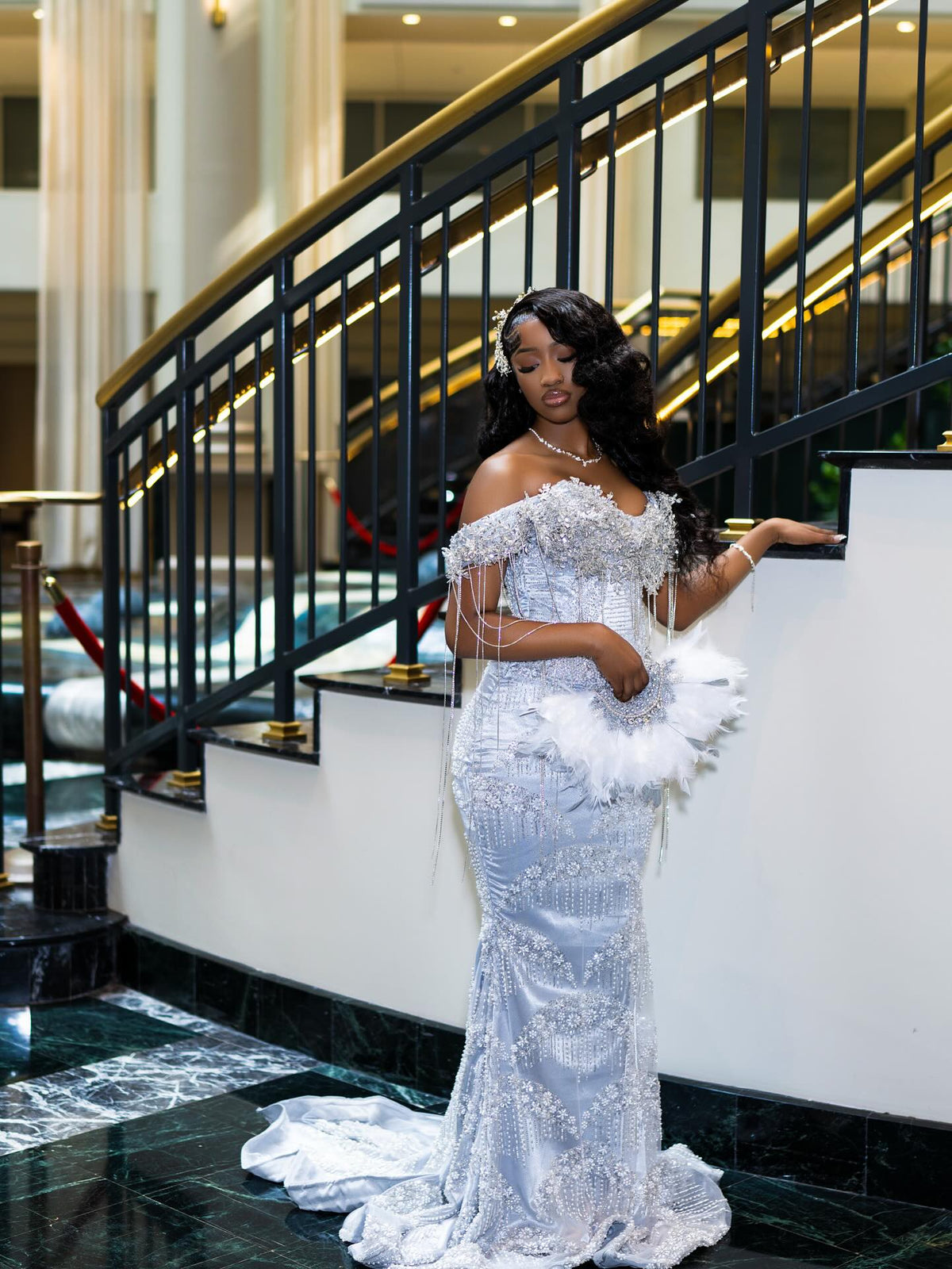 Luxury Glacial Silver Beaded Prom Dress – Crystal Fringe Mermaid Gown with Feather Accents | 2026 Couture Evening Collection