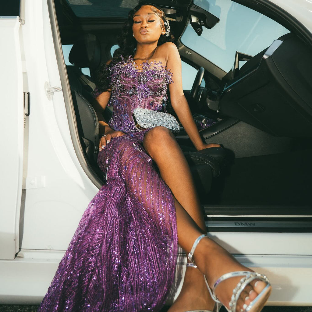 Purple Royalty Sequined Mermaid Prom Dress With 3D Florals And Train