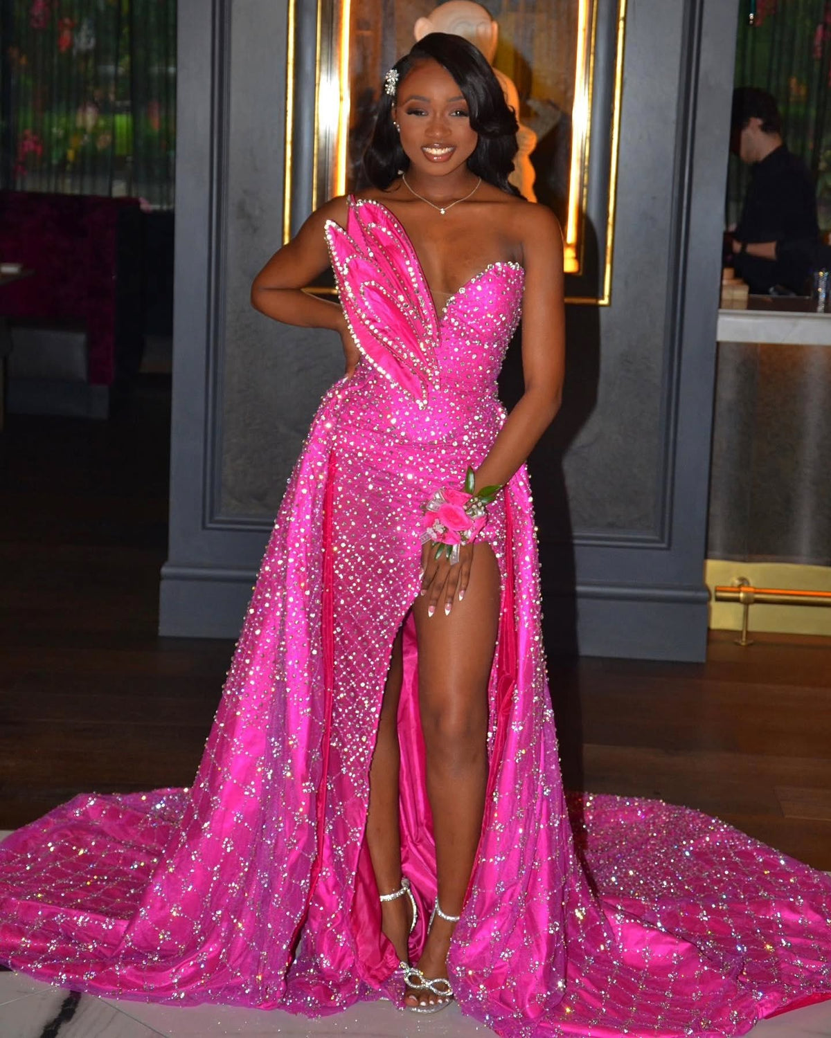Hot Pink Sequined Prom Dress One Shoulder High Slit Mermaid Gown