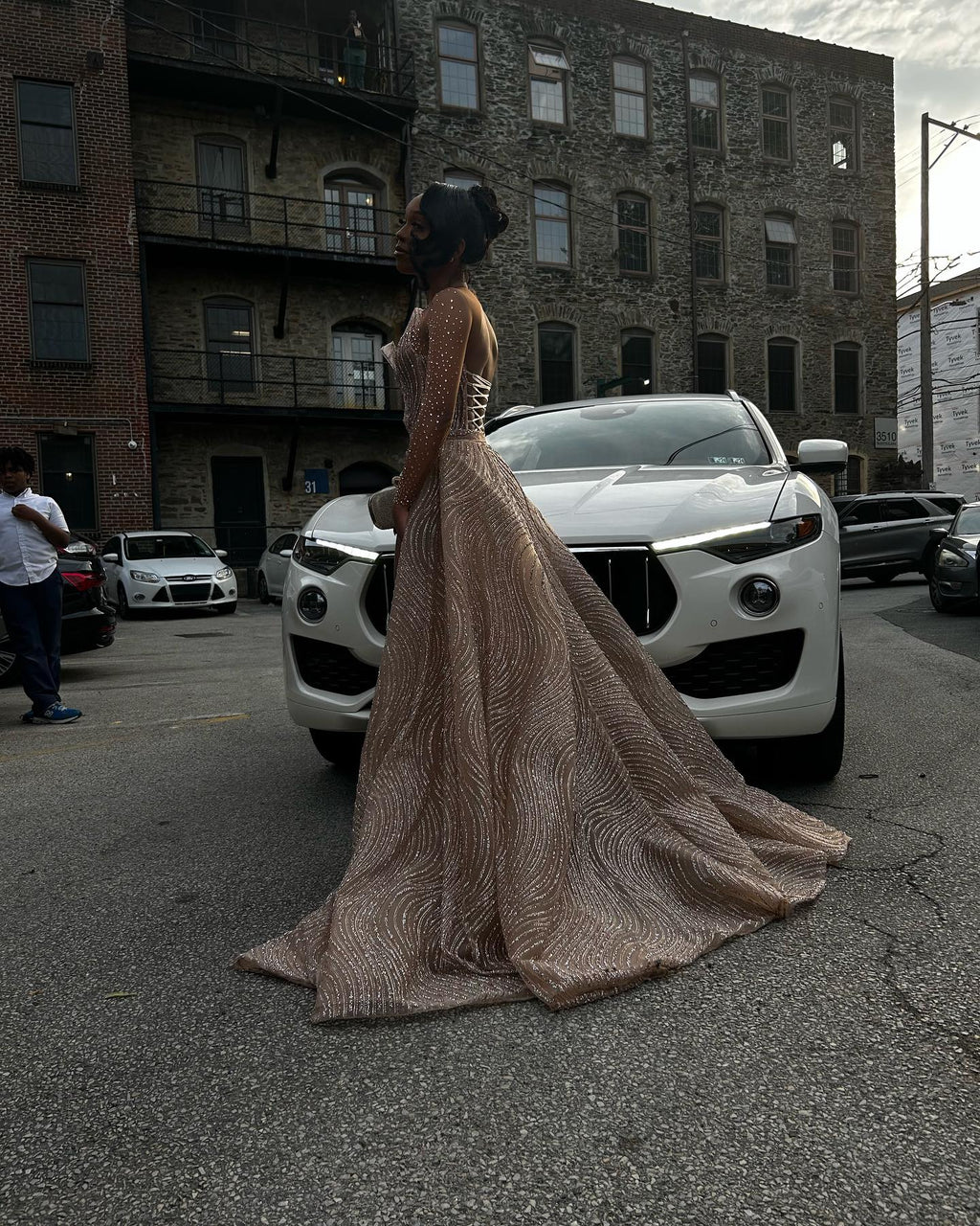 Rose Gold Beaded Mermaid Prom Dress With Long Sleeves And High Slit