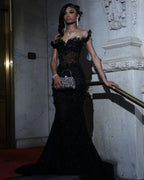 Luxury Black Sequin Mermaid Prom Dress – Illusion Corset Bodice with 3D Beaded Lace & Off-the-Shoulder Detail | 2026 Gothic Glamour Evening Collection