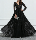 Black Lace & Tulle Long Sleeve Ball Gown Maxi Dress with V-Neck & Train