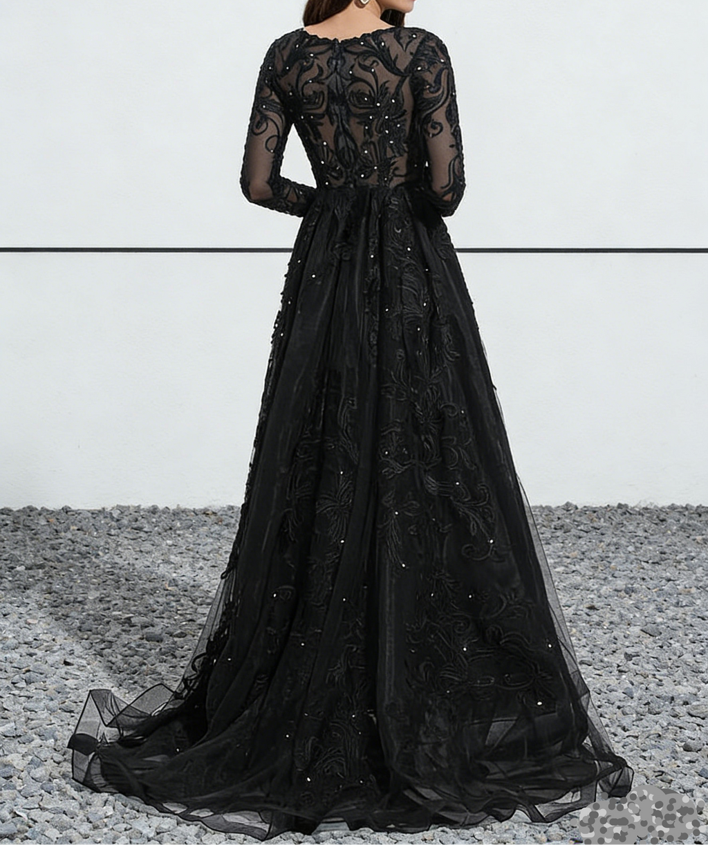 Black Lace & Tulle Long Sleeve Ball Gown Maxi Dress with V-Neck & Train