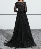 Black Lace & Tulle Long Sleeve Ball Gown Maxi Dress with V-Neck & Train