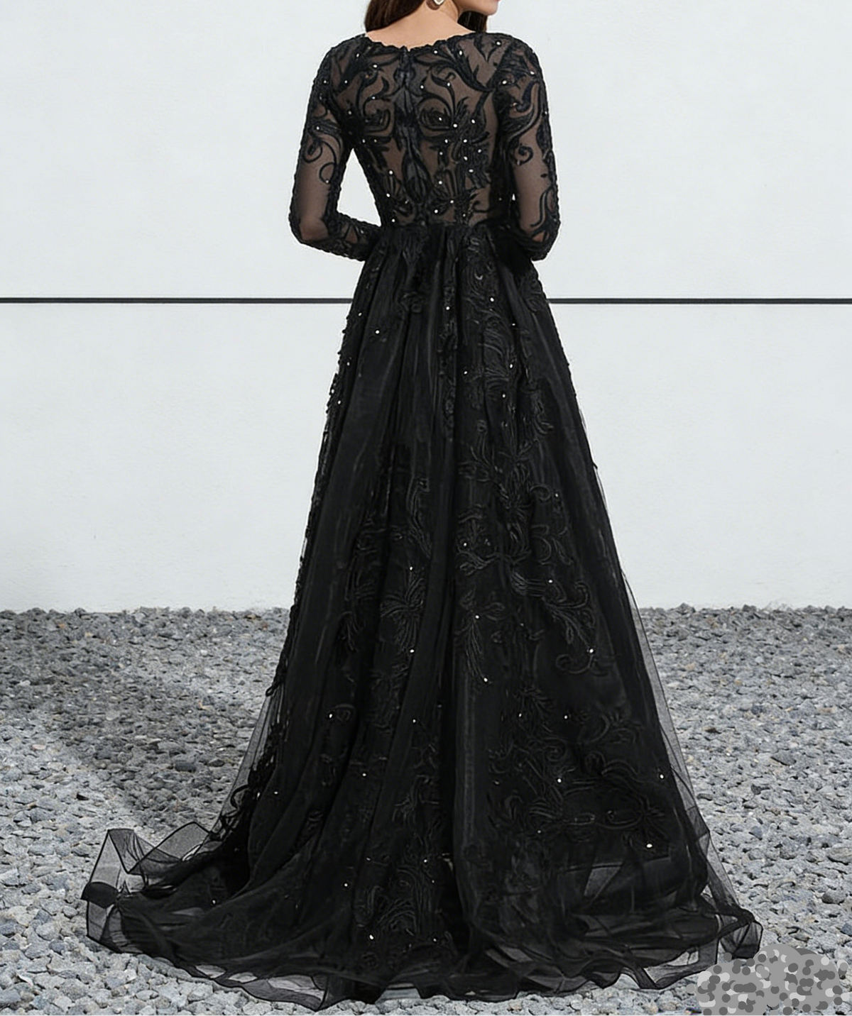 Black Lace & Tulle Long Sleeve Ball Gown Maxi Dress with V-Neck & Train