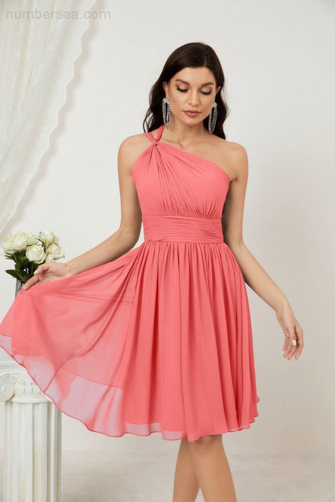 Women Chiffon Short One Shoulder Bridesmaid Dress Formal Dresses for Party Homecoming  2804