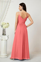 Chiffon V-Neck Bridesmaid Dress Spaghetti Strap Long Formal Party Prom Gowns with Slit 28010