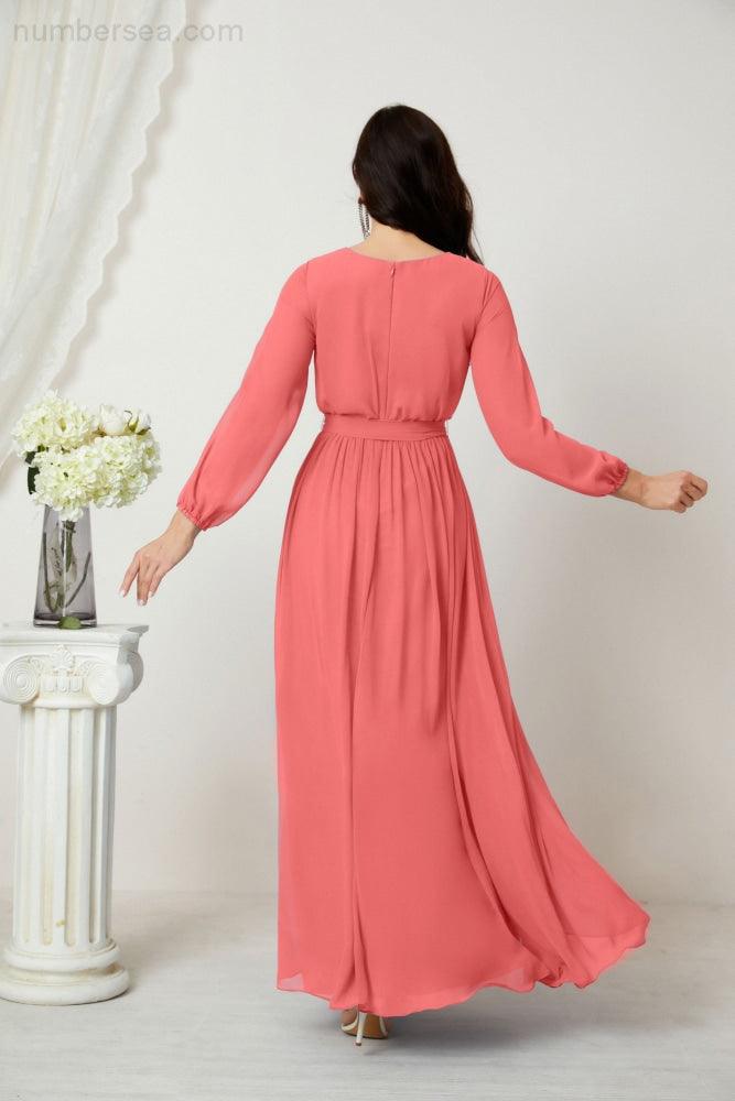 Evening Dresses Deep V-Neck Chiffon Bridesmaid Dresses Long Bishop Sleeve Side Split Formal Dress 2806