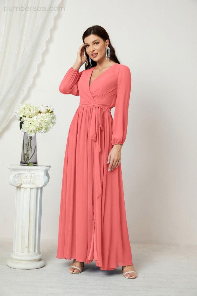 Evening Dresses Deep V-Neck Chiffon Bridesmaid Dresses Long Bishop Sleeve Side Split Formal Dress 2806