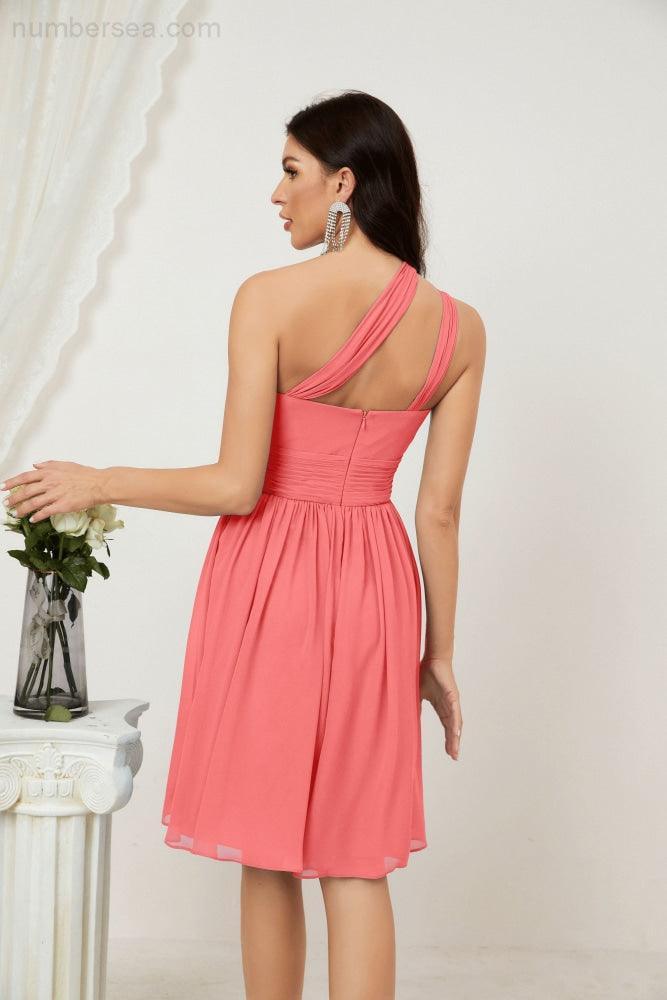 Women Chiffon Short One Shoulder Bridesmaid Dress Formal Dresses for Party Homecoming  2804