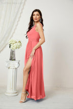 Chiffon V-Neck Bridesmaid Dress Spaghetti Strap Long Formal Party Prom Gowns with Slit 28010